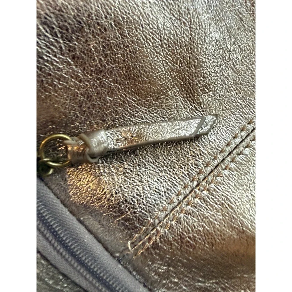 The Sak Metallic Pewter Leather Crossbody Bag Boho Charm Antiqued Brass Hardware